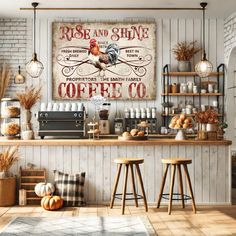 a coffee shop with two stools in front of the counter and an old sign on the wall