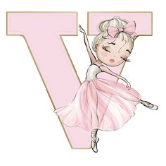 a drawing of a ballerina girl in front of the letter v with her arms stretched out