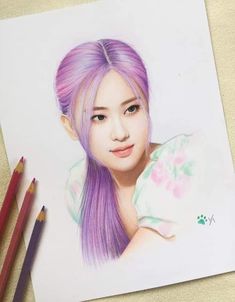 a pencil drawing of a girl with purple hair and flowers on her shirt, next to colored pencils