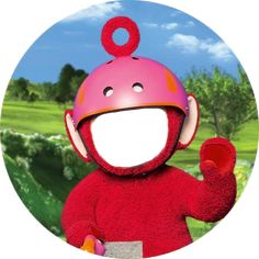 a red stuffed animal wearing a pink helmet and holding a cell phone in its right hand