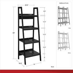 three tiered shelf with measurements for the top and bottom shelves, one is black