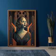 an art deco poster hangs on the wall next to a plant