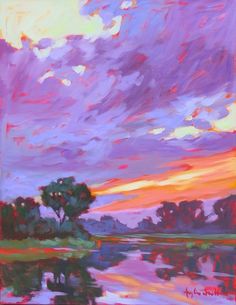 an oil painting of the sky and water at sunset with trees in the foreground