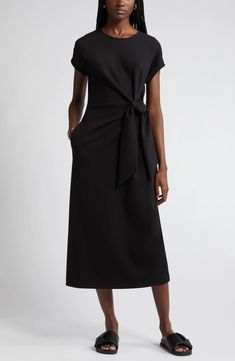 Nordstrom Tie Waist Midi Dress | Nordstrom Inverted Triangle Body Shape Outfits, Triangle Body Shape Outfits, Inverted Triangle Body Shape, Triangle Body Shape, Summer Black Dress, Knot Dress, Jewel Neck, Tie Dress, Black Midi Dress