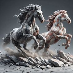 two horses are running in the air on some rocks and dirt with their tails spread out