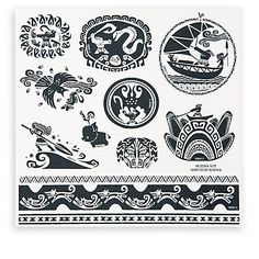 a white and black bandanna with various designs on the border, including an image of a