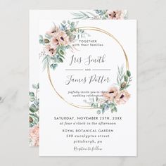 an elegant wedding card with flowers and greenery on the front, in gold foil