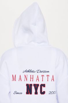 Available In White. Front Zip Front Screen Hooded Pockets Pair Back To "New York Embroidered Wide Leg Pant" 100% Polyester Imported | New York Cropped Zip Front Hoodie in White size XL by Fashion Nova White Hooded Top For College, White Winter Hoodie For College, White Collegiate Hoodie For Fall, Collegiate White Hoodie For Fall, White Varsity Sweatshirt For Winter, Oversized White Hoodie For College, White Urban Hoodie For College, White Varsity Hooded Top, White Collegiate Winter Sweatshirt