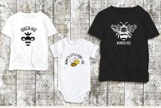 three baby onesuits with the words queen bee and worker bee printed on them