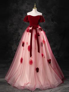 Enchanting Burgundy Off-Shoulder Ball Gown with Floral Appliqués Prom Dress Burgundy, Tulle Long Prom Dress, Mermaid Prom Dresses Lace, Long Formal Gowns, Long Formal Dress, Purple Prom Dress, Sequin Prom Dresses, Green Prom Dress, Satin Prom Dress