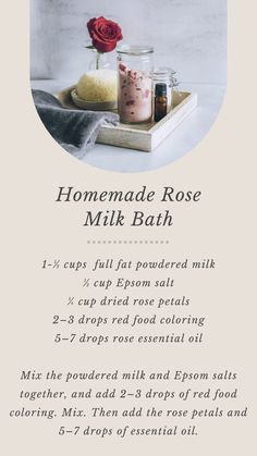 Treat yourself to a rose milk bath Diy Milk Bath Recipes, Powdered Milk Bath Recipes, Bath Milk Recipe, Rose Milk Bath Recipe, Citrus Milk Bath, Coconut Milk Bath Recipe, Bath Oil Recipe