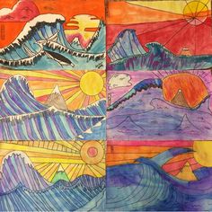 four different colored drawings with mountains and clouds