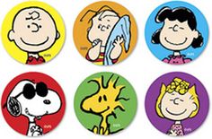 a group of cartoon characters on different colored buttons