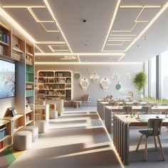 an empty library with tables and chairs in front of a flat screen tv on the wall