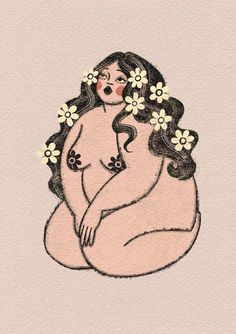 a drawing of a woman with flowers in her hair sitting on top of a pink surface