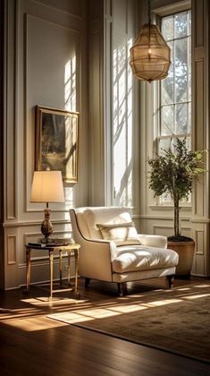 a living room filled with furniture and a lamp