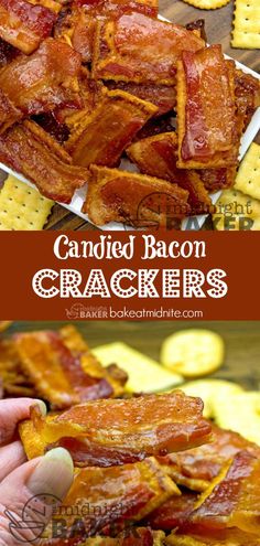 bacon crackers are stacked on top of each other with the words candid bacon crackers above them