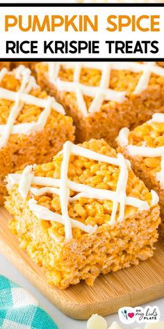 pumpkin spice rice krispie treats on a cutting board with the title text overlay