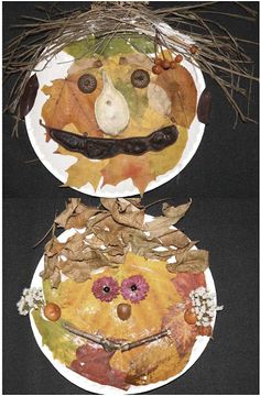 two paper plates with faces made out of leaves and other things on top of them