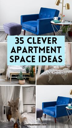 a collage of different types of chairs and tables with text overlay that reads, 35 clever apartment space ideas