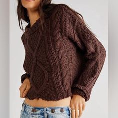 Brand New With Tags. Free People Cutting Edge Cable Sweater In Chocolate. Add The Coolest Classic To Your Closet With This Forever Essential Pullover Featured In A Staple Scoop Neck Silhouette And Timeless Cable Knit Design For Added Dimension. Slouchy Fit Slightly Cropped Dropped Shoulders Raw Bottom Hem Size Large Girls Turtleneck, Bear Sweater, Chocolate Brown Color, Sweater Crop, Oversized Knitted Sweaters, Off Shoulder Sweater, Cable Sweater, Embroidered Sweater, Free People Sweaters