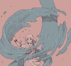 a drawing of a girl in front of a giant wave with her arms outstretched and hands out