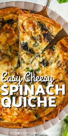 an easy cheesy spinach quiche on a plate with a serving knife