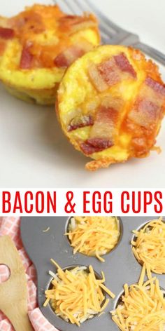 bacon and egg cups in muffin tins on a plate with a spatula