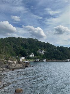 a body of water with houses in the distance and trees on the shore behind it