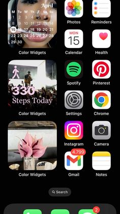 an iphone screen with various apps and icons on the bottom right hand corner, including color widgets