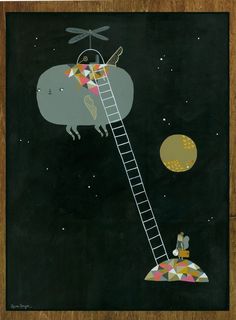 a drawing of a person climbing up a ladder to the moon with a dragon on it