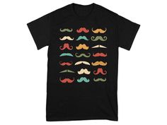 This quirky mustache pattern T-shirt features a variety of retro mustache designs in vibrant colors. Perfect for adding a fun touch to your casual wear, this shirt is a great choice for mustache lovers or those looking for a unique graphic tee. Stand out with this playful and eye-catching mustache print top at any casual outing or themed event. Product Features: Fabrication: Medium fabric (5.3 oz/yd² (180 g/m 100% cotton (fiber content may vary for different colors) Seams: Without side seams Fit Black T-shirt With Retro Print Crew Neck, Black Retro Print Crew Neck T-shirt, Print Tee, Facial Hair, Print Top, Printed Tees, Print Tops, Cotton Fiber, Mens Gifts