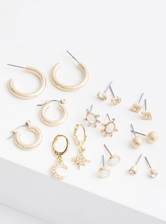 Inspired by the stars, this gold-tone earring set features 9 simple styles for celestial elegance. Post closure. Base metal. Imported. The best plus size women's gold-tone celestial opal earring set - of 9 earrings sets in gold. Celestial Metal Jewelry, Celestial Style Everyday Earrings, Celestial Jewelry For Everyday, Opal Earring, Earrings Sets, Fitted Wedding Dress, Opal Earrings, Bra Cups, Bedroom Makeover