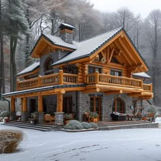 a large log cabin in the middle of winter