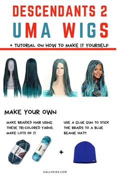 Making Uma's braided hair by yourself can take time,, but is sure worth it. Complete Uma's look for your child's Umas costume with this step by step instructions. Descendants 2 Uma, Descendants Uma, Boho Dreads, Descendants Movie, Wig Ideas, Diy Wig, Descendants 2