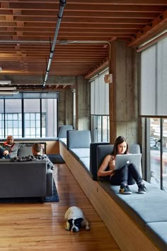 two people sitting on couches in an office with a dog laying next to them