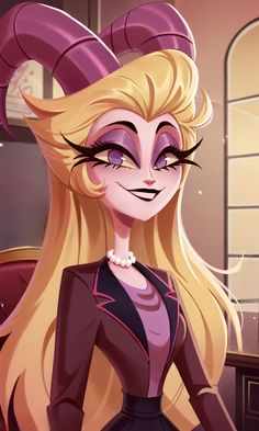 a cartoon girl with long blonde hair and horns on her head, wearing a purple dress