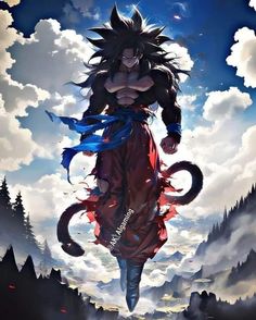 an anime character is standing in the middle of a landscape with mountains and clouds behind him