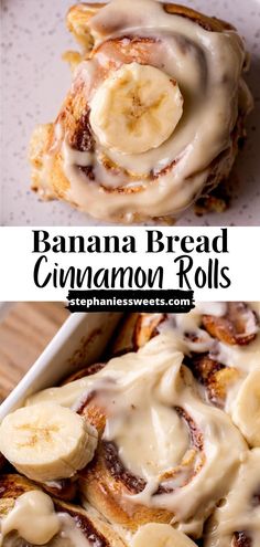 cinnamon rolls with icing and bananas on top