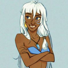 a cartoon character with white hair and blue swimsuit