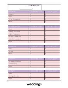 the wedding budget sheet is shown in purple