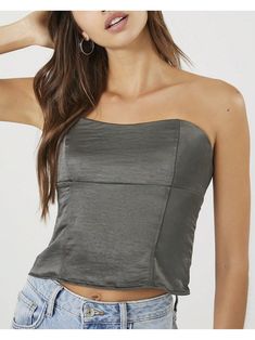 A satin tube top featuring a bustier design, sweetheart neckline, straight-cut back, concealed side zipper, and cropped hem.Satin Sweetheart Bustier Tube Top Grey         Women Clothing, size features are:Bust: ,Length: ,Sleeve Length: Satin Tube Top, Long Sleeve Tops Casual, Bandeau Top, Grey Women, Straight Cut, Tube Top, Sweetheart Neckline, Cropped Pants, Colorful Leggings