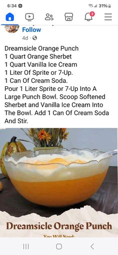 the orange punch recipe is displayed in an instagramtion on facebook, with text below it