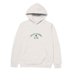 a white hoodie with the words delta campa on it and green lettering in front