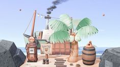 an animated image of a table with various items on it, including a boat and palm trees