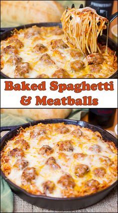 baked spaghetti and meatballs in a cast iron skillet being lifted with a spatula