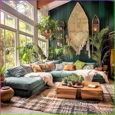 a living room filled with lots of green plants and hanging planters on the wall