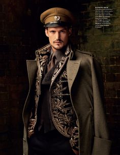 ♂ Masculine & elegance - military inspired looks. Embroidered jacket by Dolce & Gabbana, long overcoat by Canali, shirt by Prada, tie, waistcoat and trousers by Alexander McQueen Steampunk Mens Fashion, Dieselpunk Fashion, Don Pedro, Scene Girl