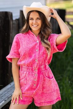 Product Details Colors: Hot Pink Print: Washed Collar: Button Up Sleeve: Short Sleeves Hemline: Romper Material and Care 100% Cotton Hand Wash Cold Hang/Line Dry Size and Fit Small: Bust 38" Waist 27"/30" Length 34" Medium: Bust 40" Waist 29"/32" Length 34.5" Large: Bust 42" Waist 31"/34" Length 35" X Large: Bust 44" Waist 33"/36" Length 35.5" Model is 5'1 and wearing a size small Hot Pink Print, Nashville Outfit, White Flies, Plaid Pullover, Boyfriend Fit Jeans, Mid Length Shorts, Black Lips, Pink Leaves, Layering Tanks