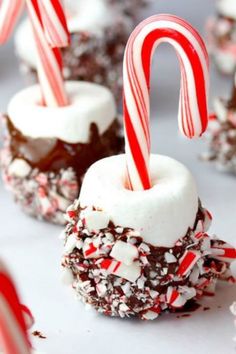 candy canes and marshmallows on top of chocolate covered donuts with sprinkles